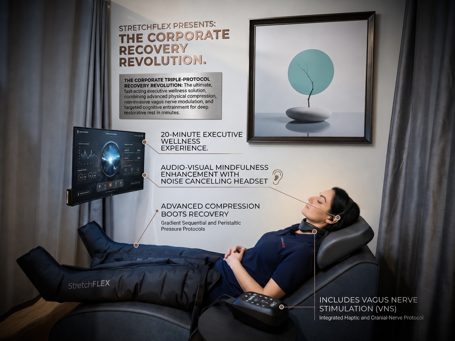 The 20-minute Triune Protocol session - calibrated pneumatic compression, vagus nerve stimulation and synchronised audiovisual mindfulness
